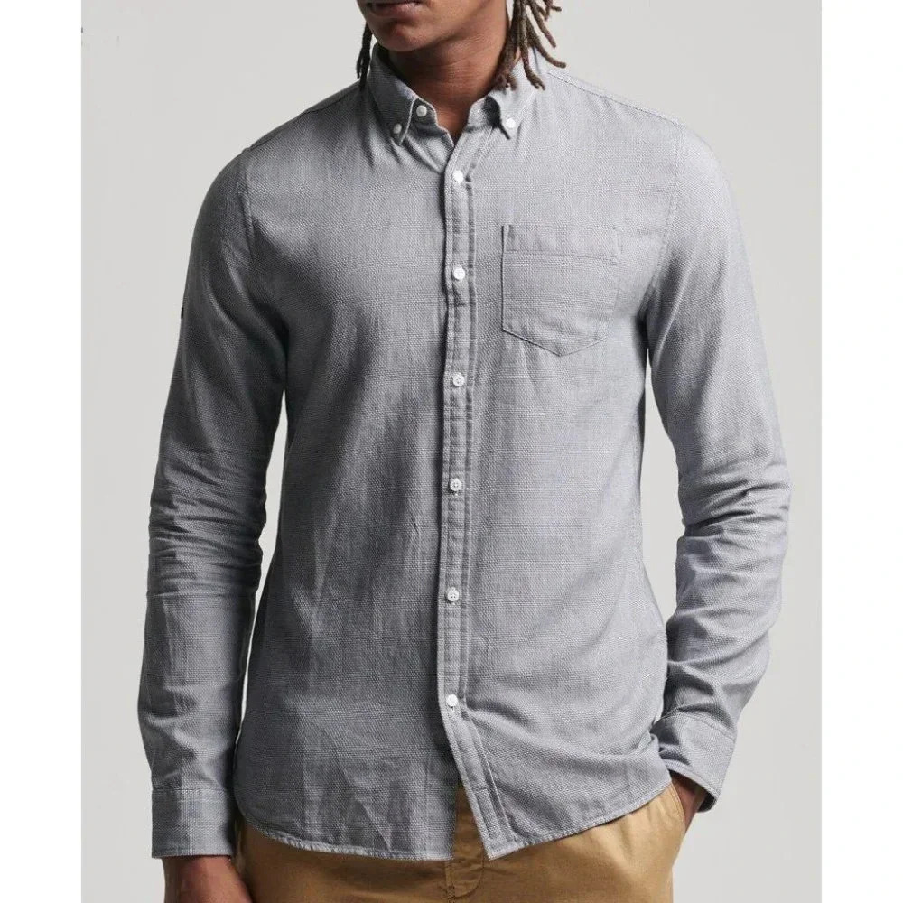Stoic Men's Long Sleeve Button-Front Shirt Collar Neck Chest Pocket Gray Size L